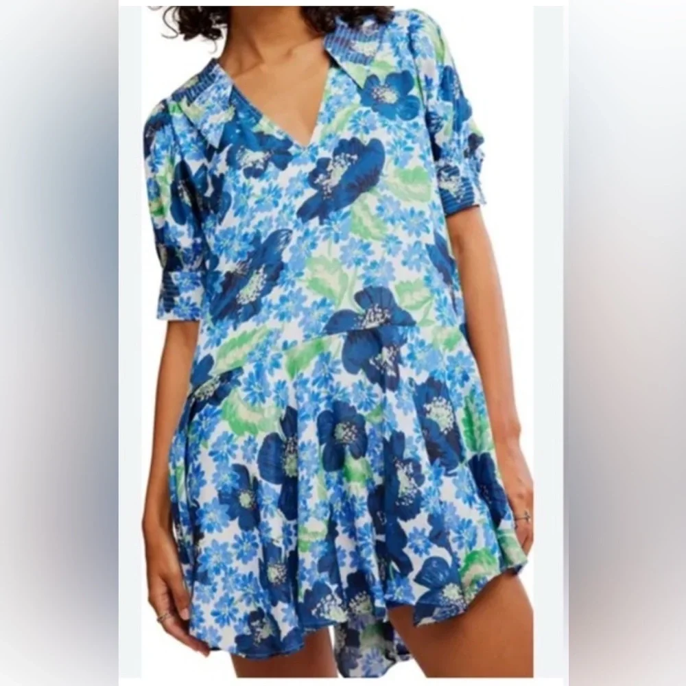 Free People Moon Chaser Floral V-Neck Short Sleeve Mini Babydoll Dress Large - Picture 2 of 7
